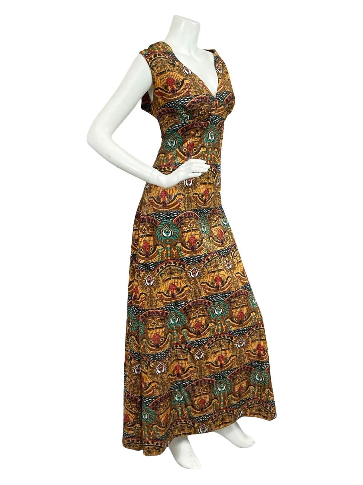 VTG 60S 70S GOLD GREEN BROWN RED GLITTERY LUREX EGYPT HORUS EMPIRE MAXI 14