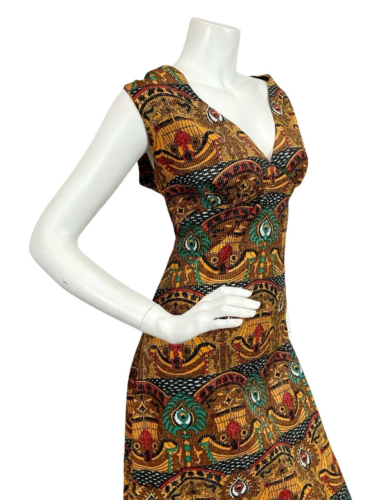 VTG 60S 70S GOLD GREEN BROWN RED GLITTERY LUREX EGYPT HORUS EMPIRE MAXI 14
