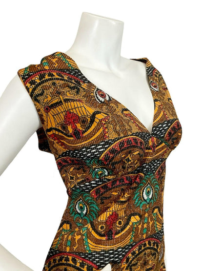 VTG 60S 70S GOLD GREEN BROWN RED GLITTERY LUREX EGYPT HORUS EMPIRE MAXI 14