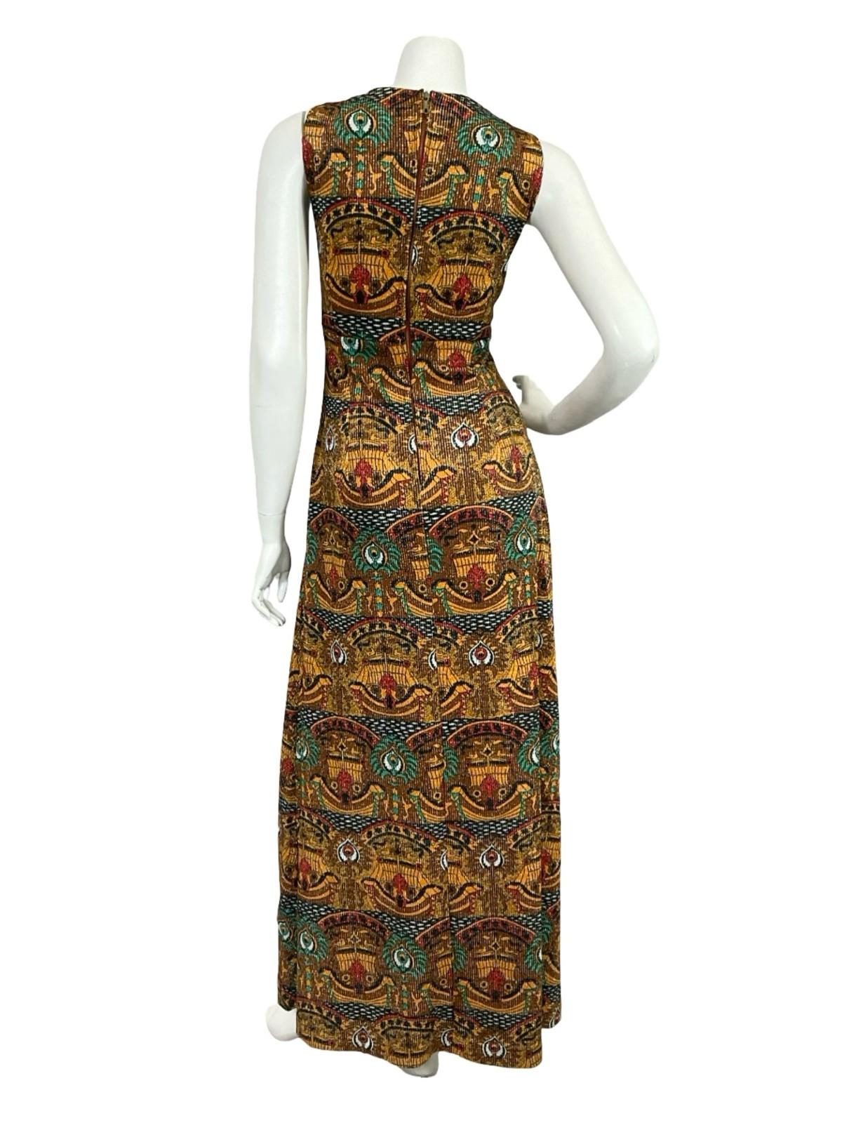 VTG 60S 70S GOLD GREEN BROWN RED GLITTERY LUREX EGYPT HORUS EMPIRE MAXI 14