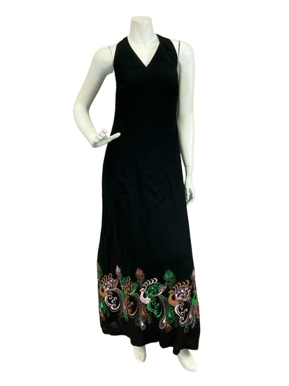 VTG 60S 70S BLACK PURPLE GREEN BRONZE PEACOCK EMBROIDERED HALTER MAXI DRESS 10