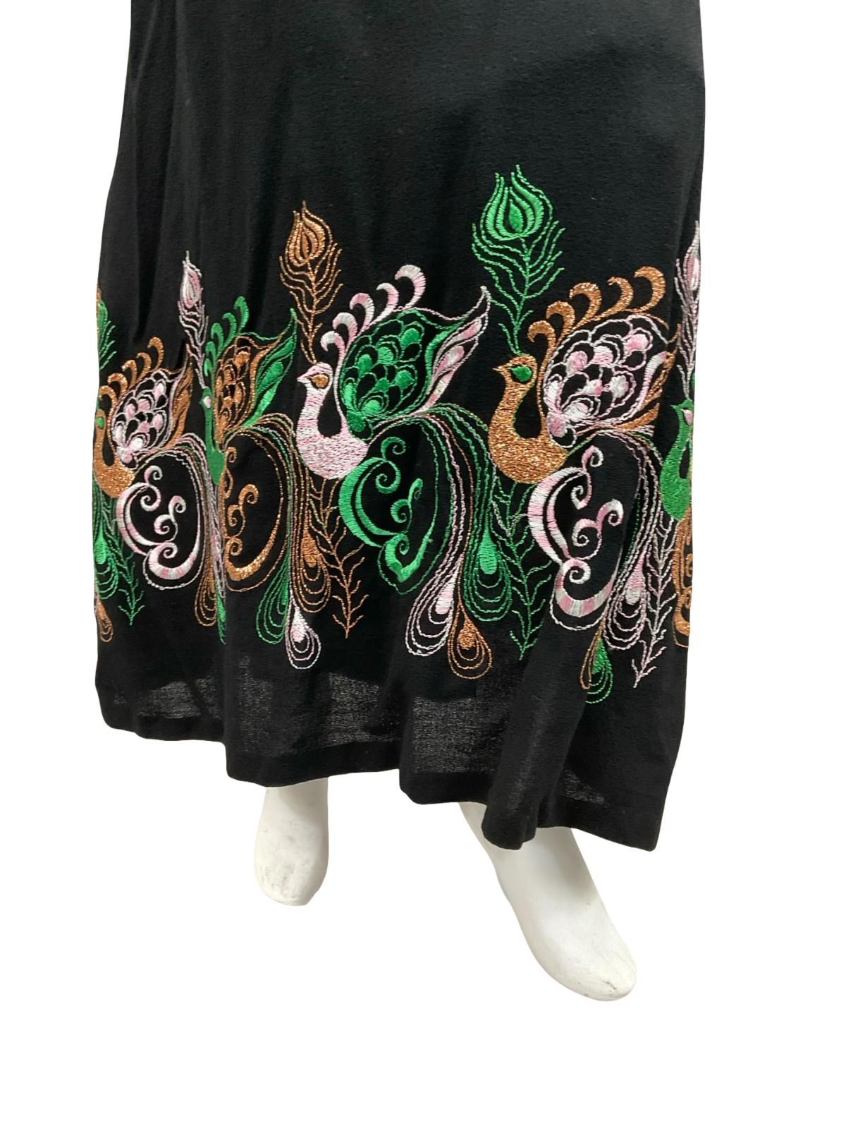 VTG 60S 70S BLACK PURPLE GREEN BRONZE PEACOCK EMBROIDERED HALTER MAXI DRESS 10