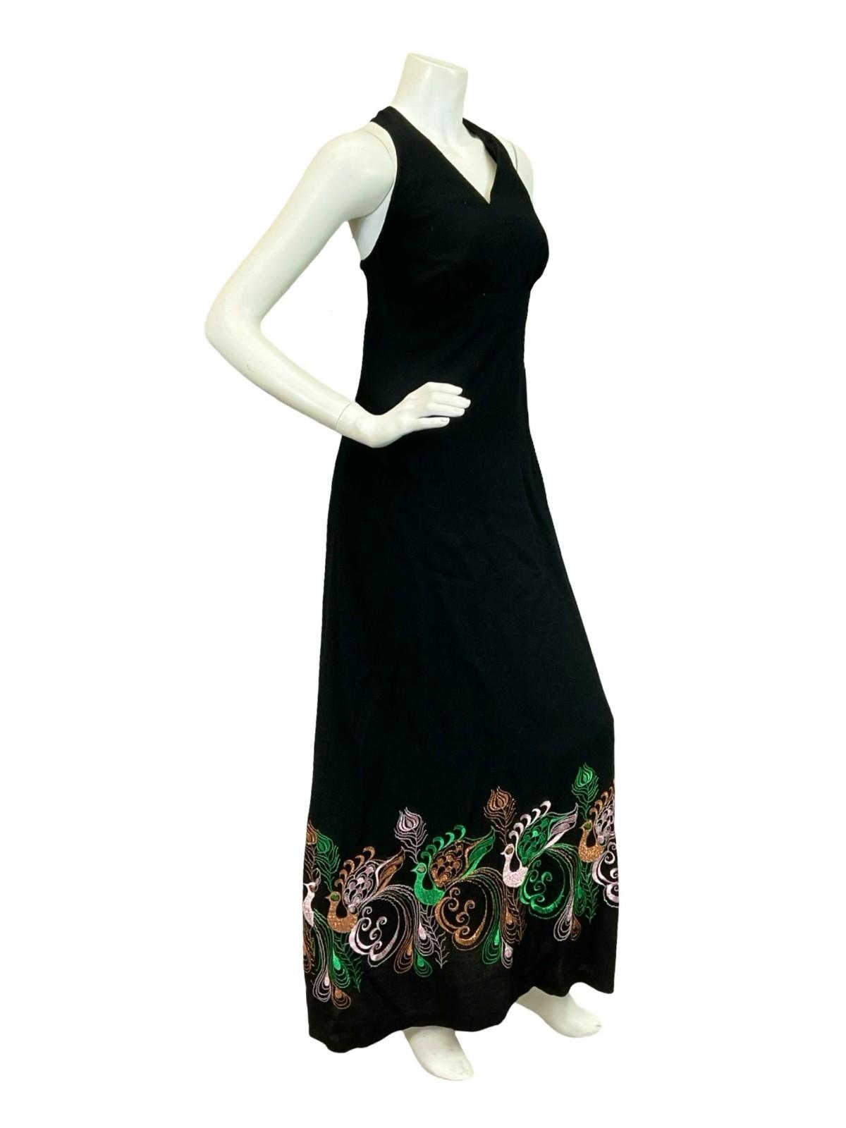 VTG 60S 70S BLACK PURPLE GREEN BRONZE PEACOCK EMBROIDERED HALTER MAXI DRESS 10