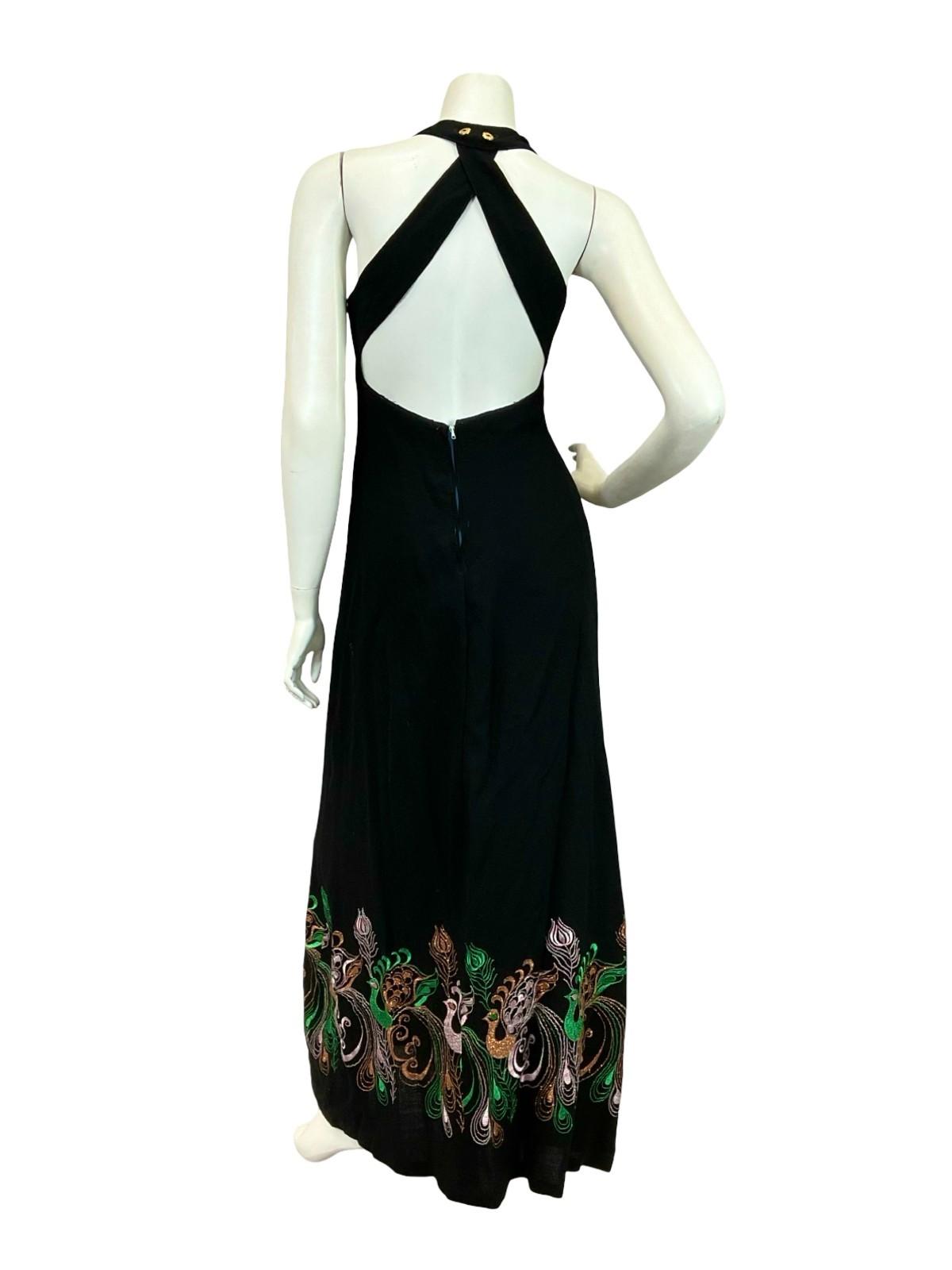 VTG 60S 70S BLACK PURPLE GREEN BRONZE PEACOCK EMBROIDERED HALTER MAXI DRESS 10
