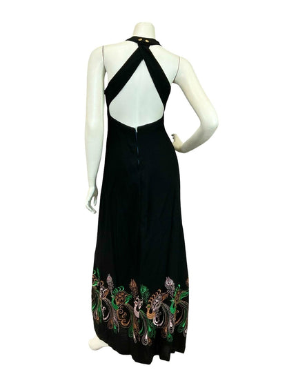 VTG 60S 70S BLACK PURPLE GREEN BRONZE PEACOCK EMBROIDERED HALTER MAXI DRESS 10