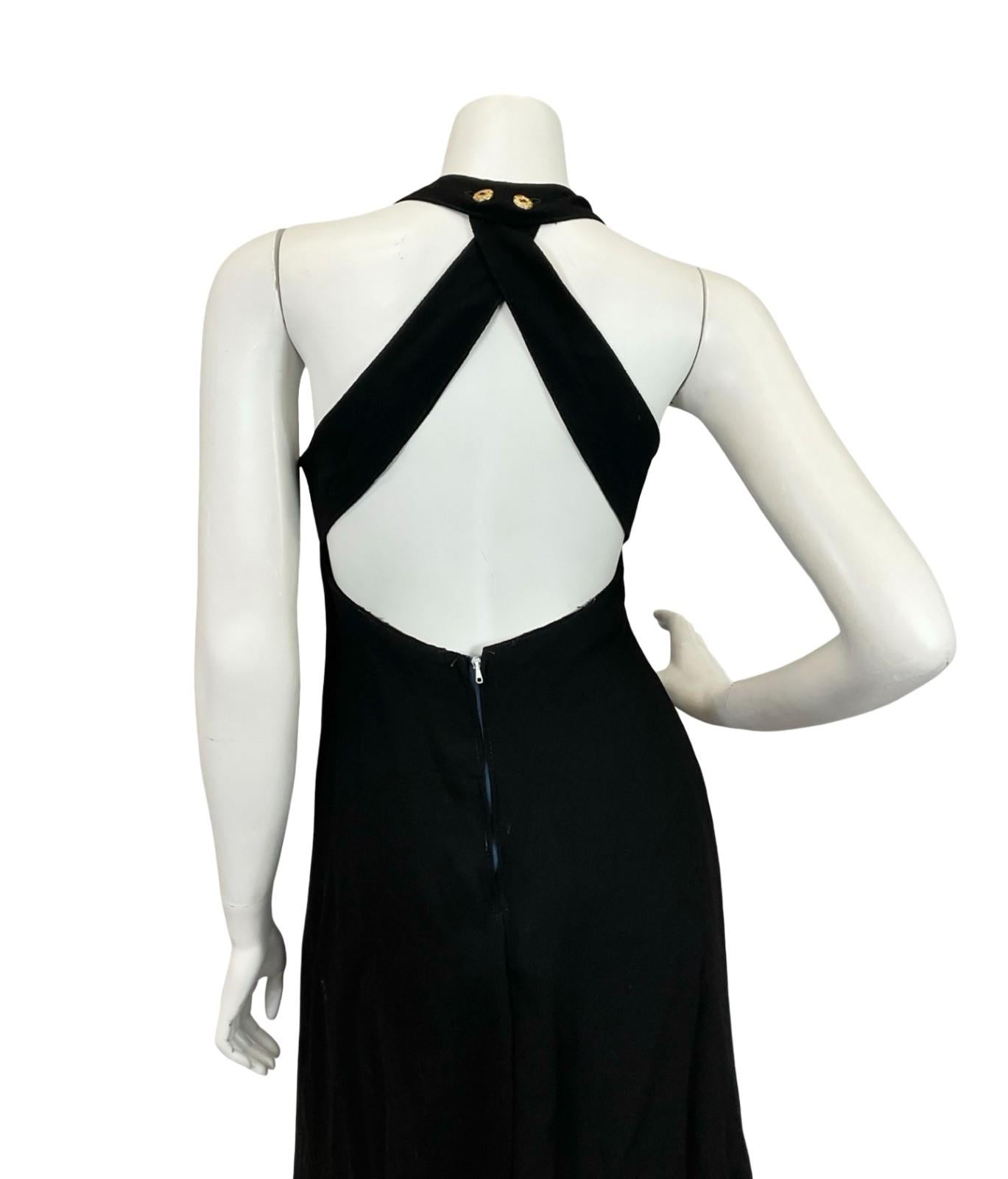 VTG 60S 70S BLACK PURPLE GREEN BRONZE PEACOCK EMBROIDERED HALTER MAXI DRESS 10