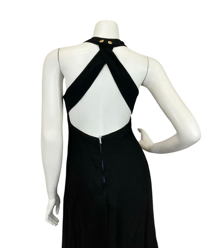 VTG 60S 70S BLACK PURPLE GREEN BRONZE PEACOCK EMBROIDERED HALTER MAXI DRESS 10