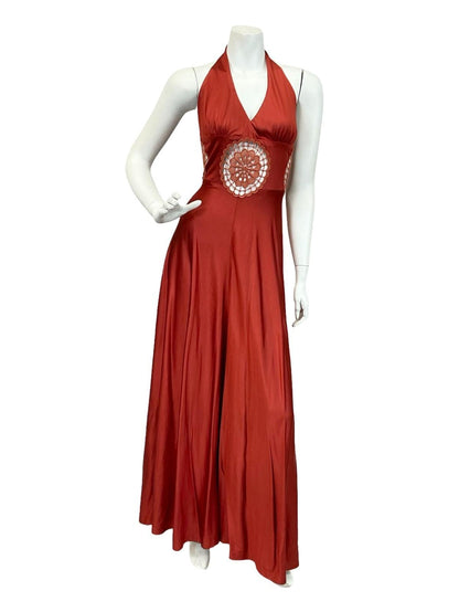 VTG 60S 70S ARLETTE BERESSI REDDISH BROWN LACE INLAY HALTER MAXI DRESS 4 6 XS