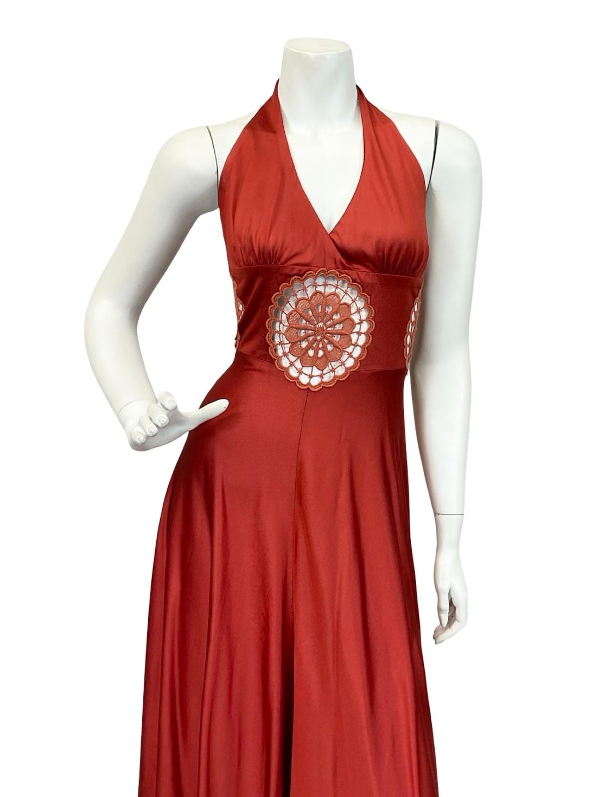 VTG 60S 70S ARLETTE BERESSI REDDISH BROWN LACE INLAY HALTER MAXI DRESS 4 6 XS