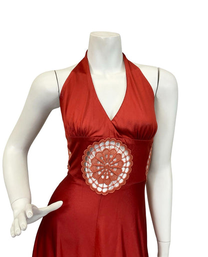 VTG 60S 70S ARLETTE BERESSI REDDISH BROWN LACE INLAY HALTER MAXI DRESS 4 6 XS
