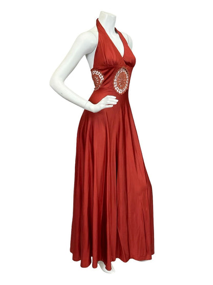 VTG 60S 70S ARLETTE BERESSI REDDISH BROWN LACE INLAY HALTER MAXI DRESS 4 6 XS