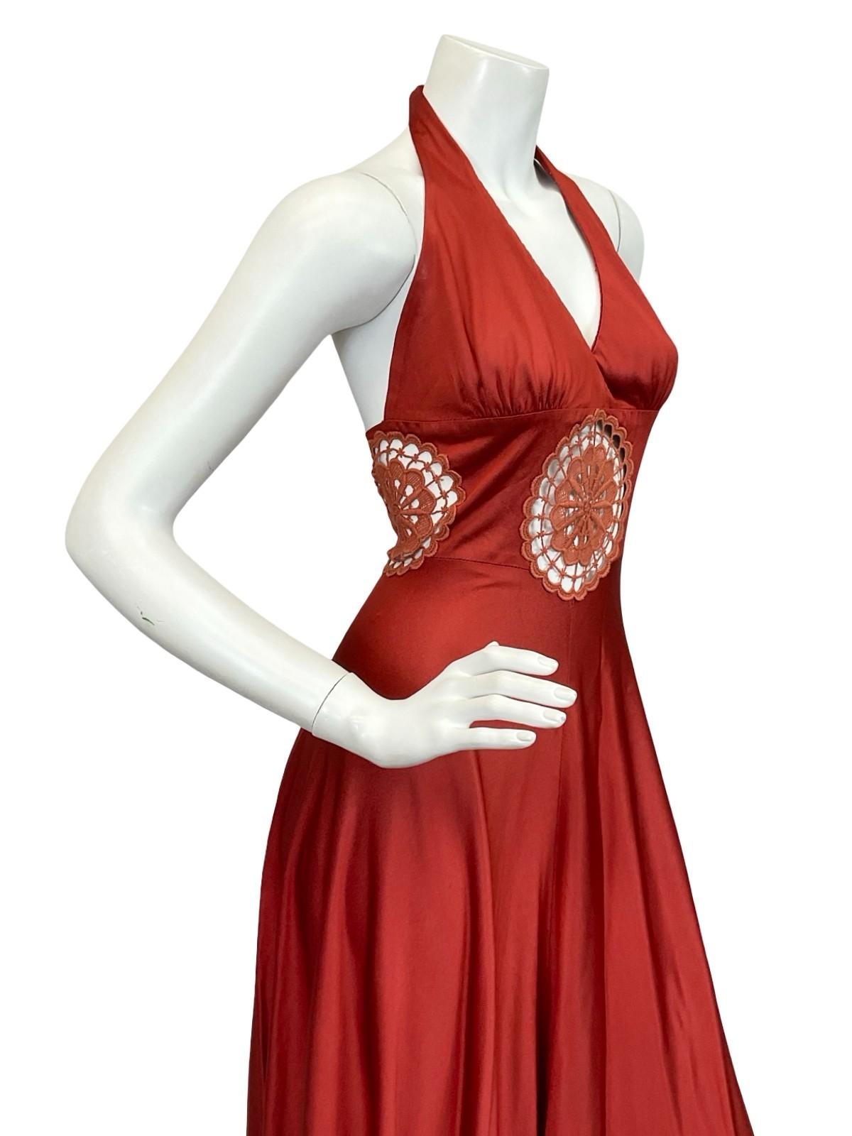 VTG 60S 70S ARLETTE BERESSI REDDISH BROWN LACE INLAY HALTER MAXI DRESS 4 6 XS