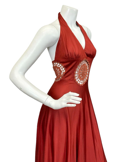 VTG 60S 70S ARLETTE BERESSI REDDISH BROWN LACE INLAY HALTER MAXI DRESS 4 6 XS