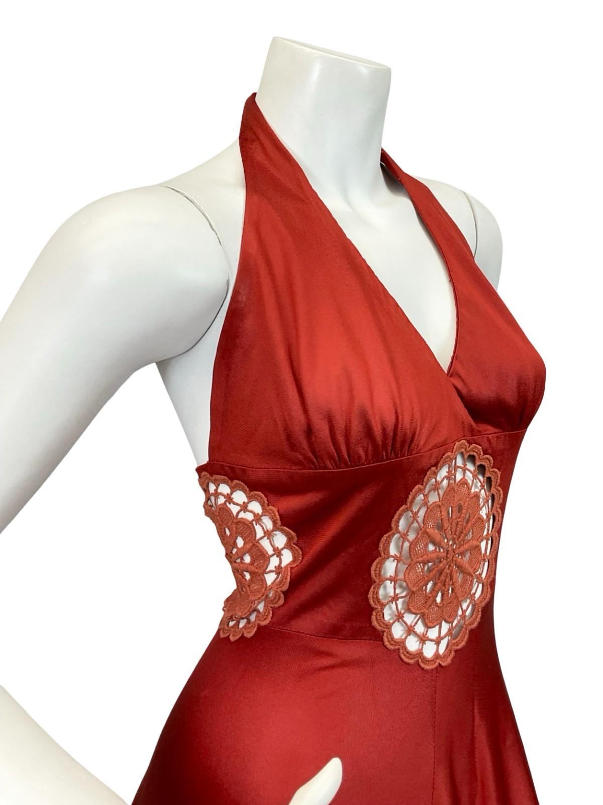 VTG 60S 70S ARLETTE BERESSI REDDISH BROWN LACE INLAY HALTER MAXI DRESS 4 6 XS