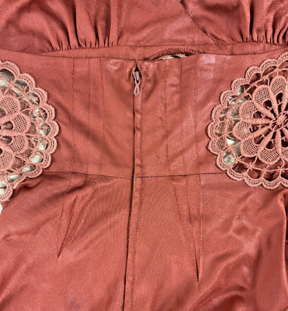 VTG 60S 70S ARLETTE BERESSI REDDISH BROWN LACE INLAY HALTER MAXI DRESS 4 6 XS