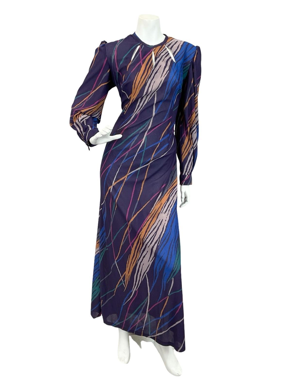 VTG 60S 70S PURPLE YELLOW BLUE GEOMETRIC ABSTRACT STRIPE KEYHOLE MAXI DRESS 14