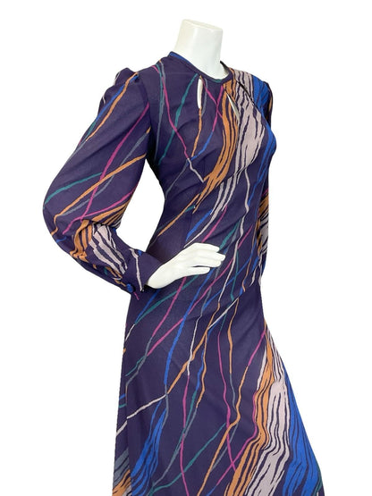 VTG 60S 70S PURPLE YELLOW BLUE GEOMETRIC ABSTRACT STRIPE KEYHOLE MAXI DRESS 14