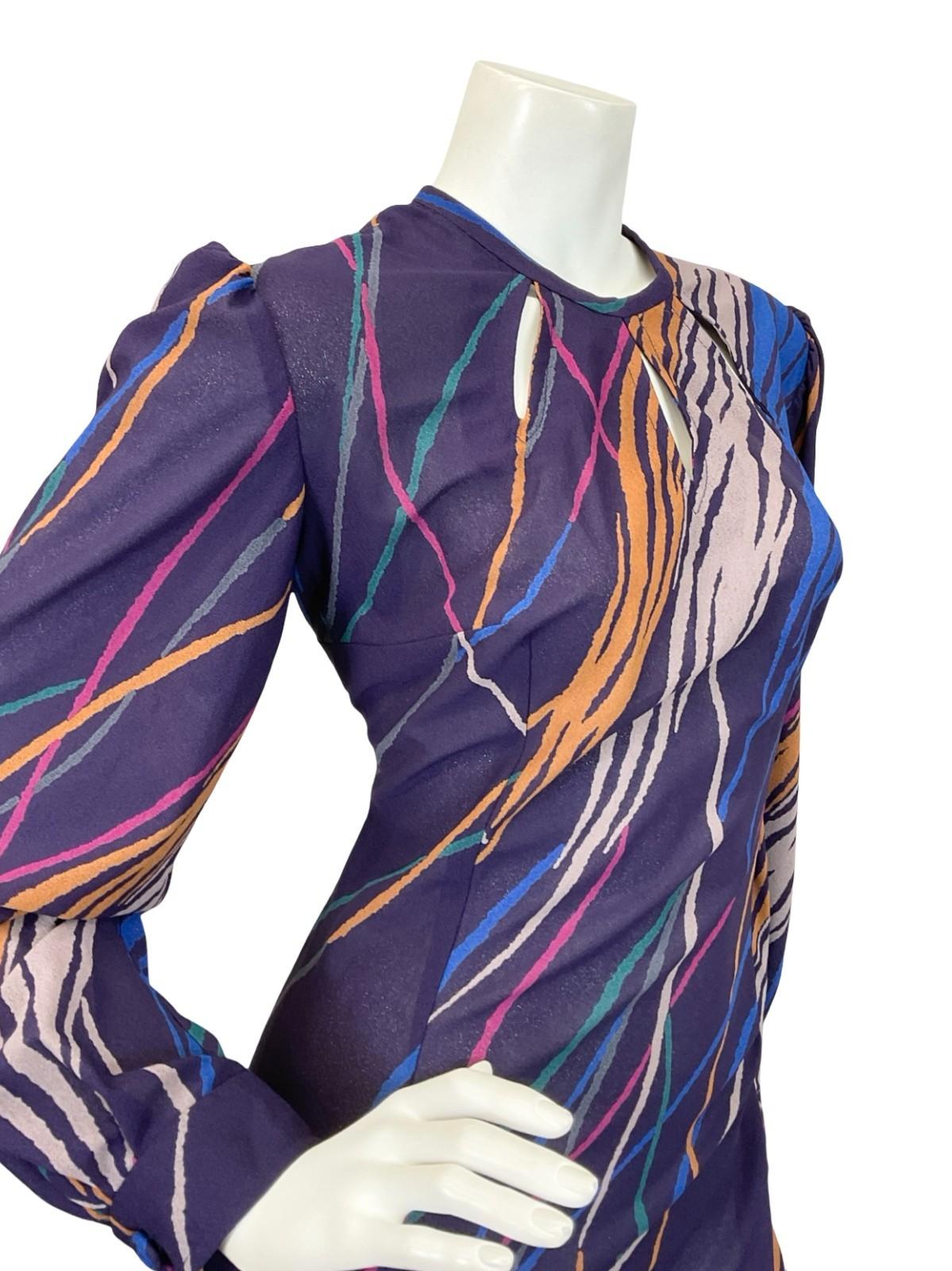 VTG 60S 70S PURPLE YELLOW BLUE GEOMETRIC ABSTRACT STRIPE KEYHOLE MAXI DRESS 14