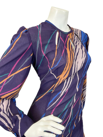 VTG 60S 70S PURPLE YELLOW BLUE GEOMETRIC ABSTRACT STRIPE KEYHOLE MAXI DRESS 14