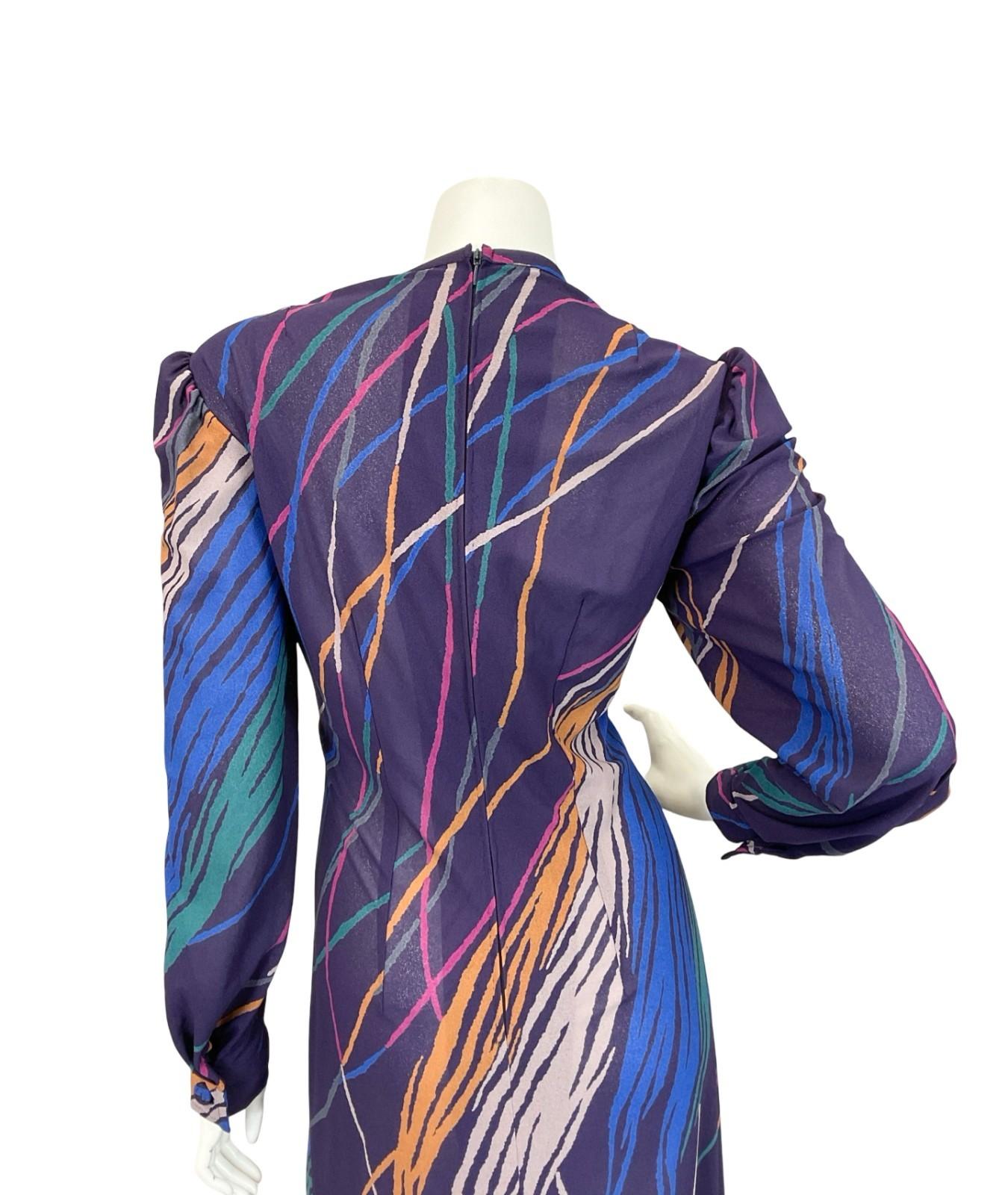VTG 60S 70S PURPLE YELLOW BLUE GEOMETRIC ABSTRACT STRIPE KEYHOLE MAXI DRESS 14