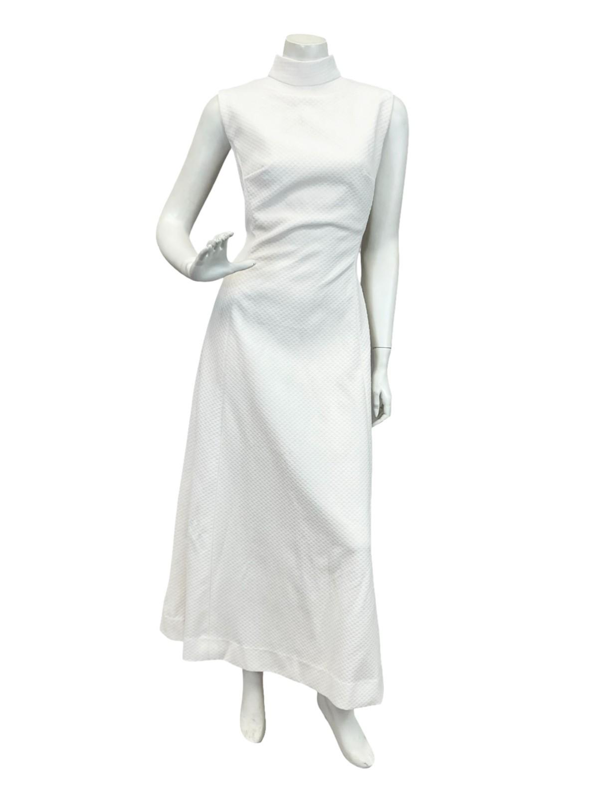 VTG 60S 70S PURE WHITE FUNNEL NECK SLEEVELESS MOD MONOCHROME MAXI DRESS 10