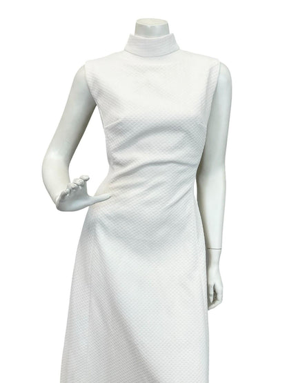 VTG 60S 70S PURE WHITE FUNNEL NECK SLEEVELESS MOD MONOCHROME MAXI DRESS 10