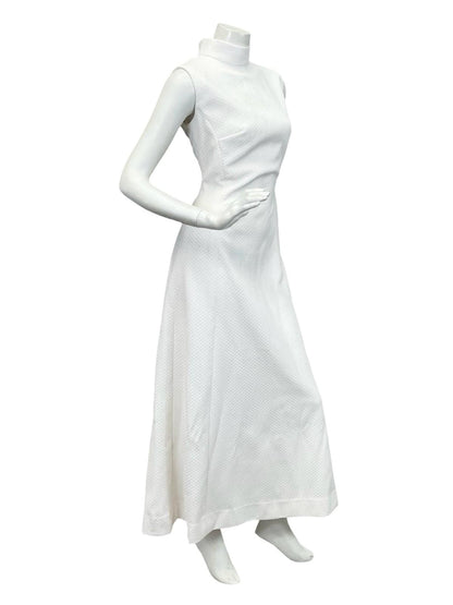VTG 60S 70S PURE WHITE FUNNEL NECK SLEEVELESS MOD MONOCHROME MAXI DRESS 10