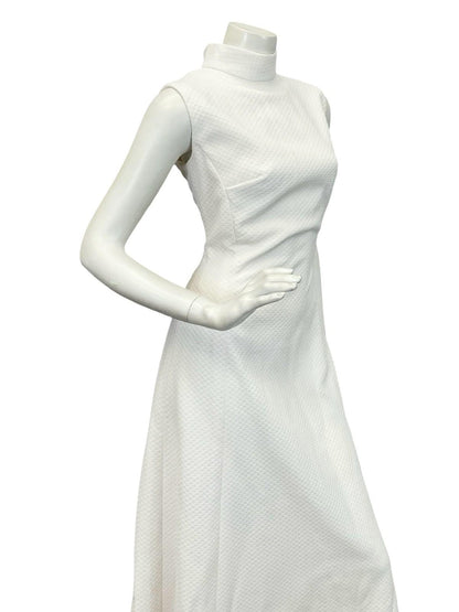 VTG 60S 70S PURE WHITE FUNNEL NECK SLEEVELESS MOD MONOCHROME MAXI DRESS 10