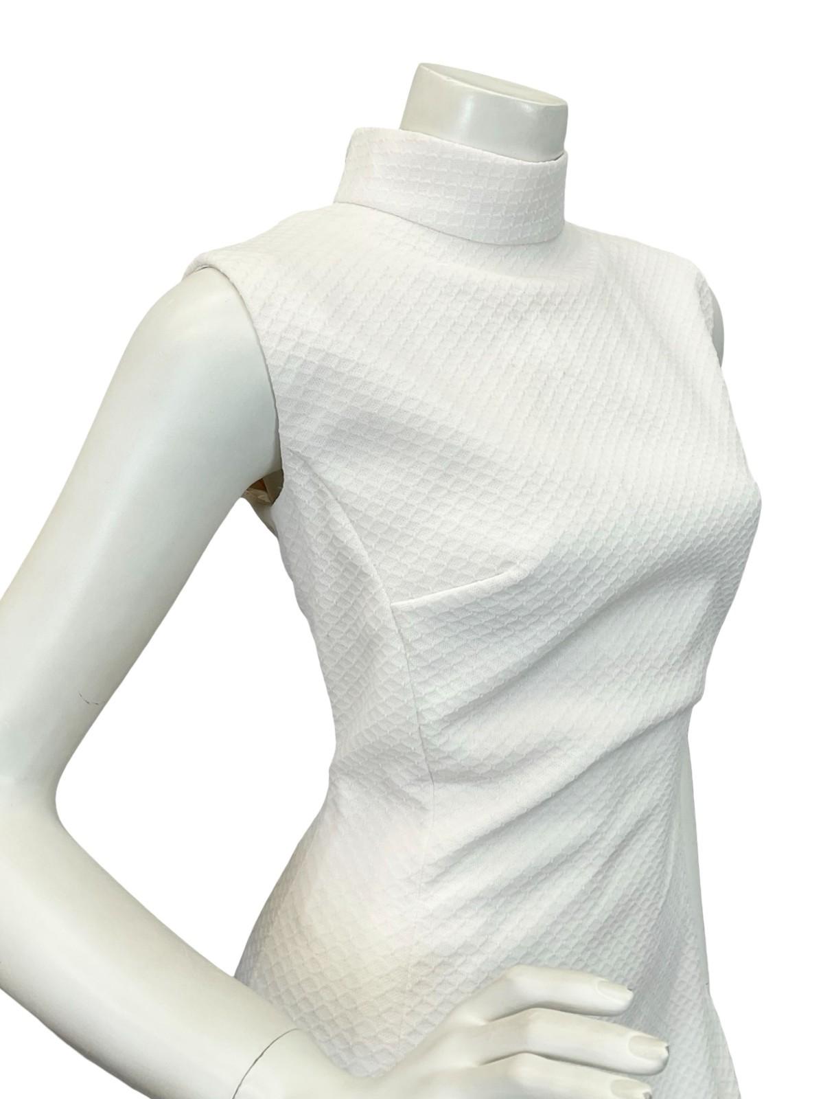 VTG 60S 70S PURE WHITE FUNNEL NECK SLEEVELESS MOD MONOCHROME MAXI DRESS 10