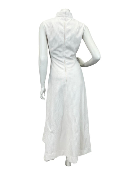 VTG 60S 70S PURE WHITE FUNNEL NECK SLEEVELESS MOD MONOCHROME MAXI DRESS 10