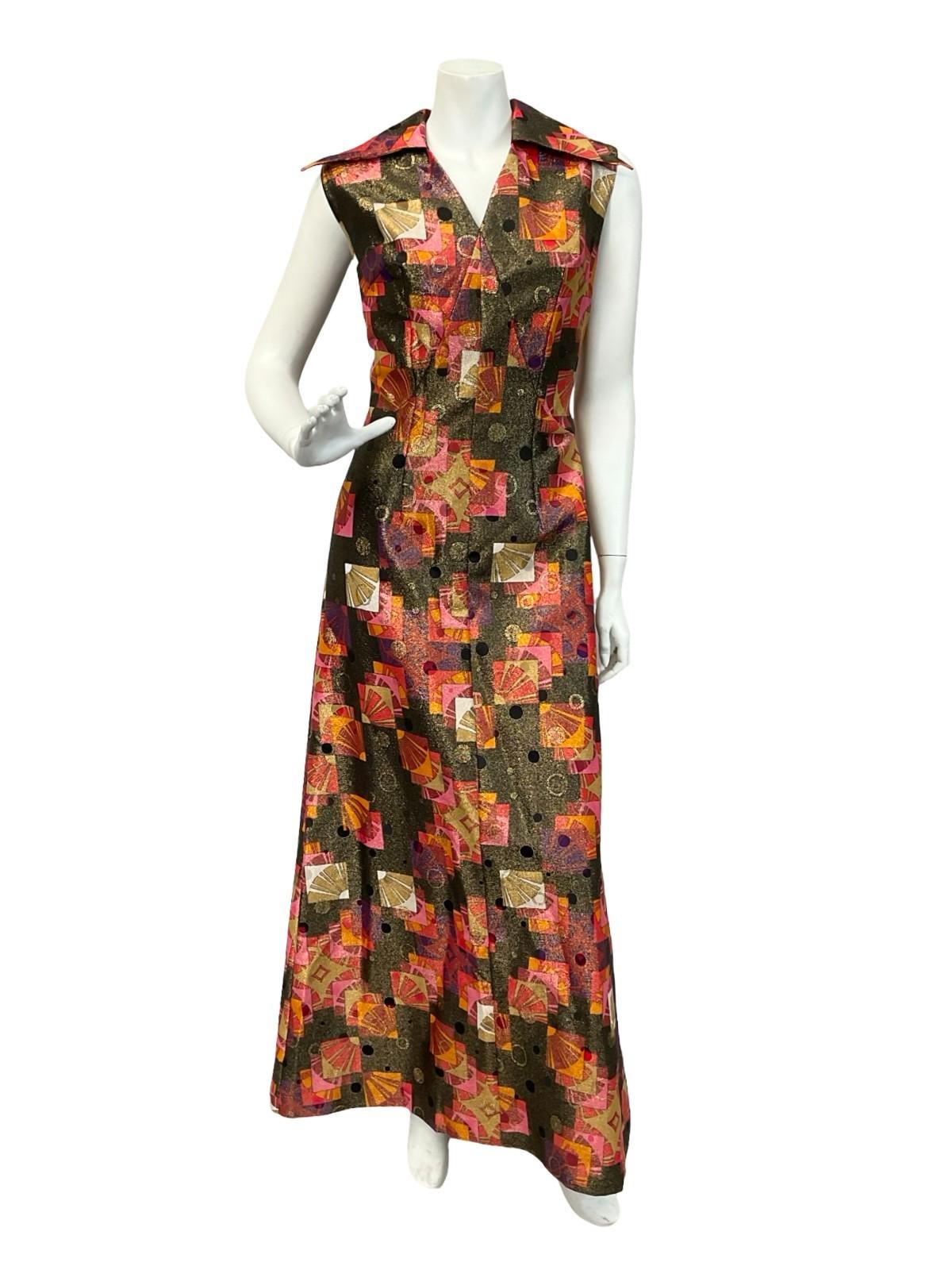 VTG 60S 70S GOLD RED ORANGE GEOMETRIC LUREX DAGGER COLLAR DISCO MAXI DRESS 10