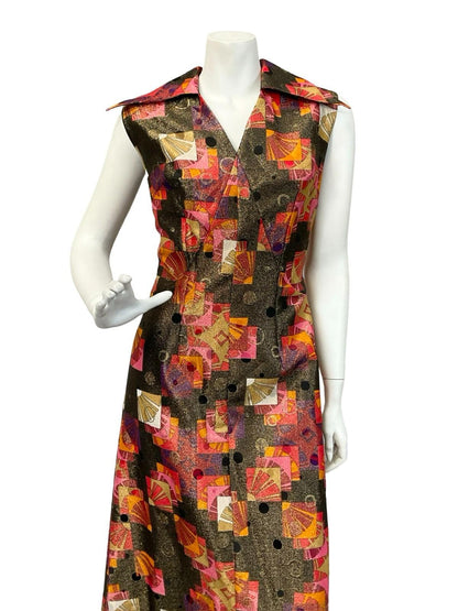 VTG 60S 70S GOLD RED ORANGE GEOMETRIC LUREX DAGGER COLLAR DISCO MAXI DRESS 10