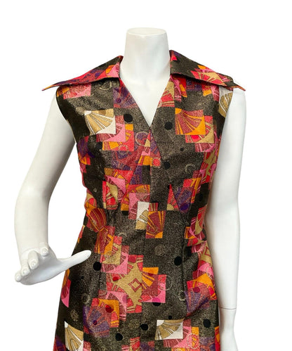 VTG 60S 70S GOLD RED ORANGE GEOMETRIC LUREX DAGGER COLLAR DISCO MAXI DRESS 10