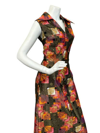 VTG 60S 70S GOLD RED ORANGE GEOMETRIC LUREX DAGGER COLLAR DISCO MAXI DRESS 10