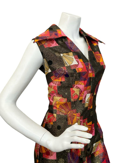 VTG 60S 70S GOLD RED ORANGE GEOMETRIC LUREX DAGGER COLLAR DISCO MAXI DRESS 10