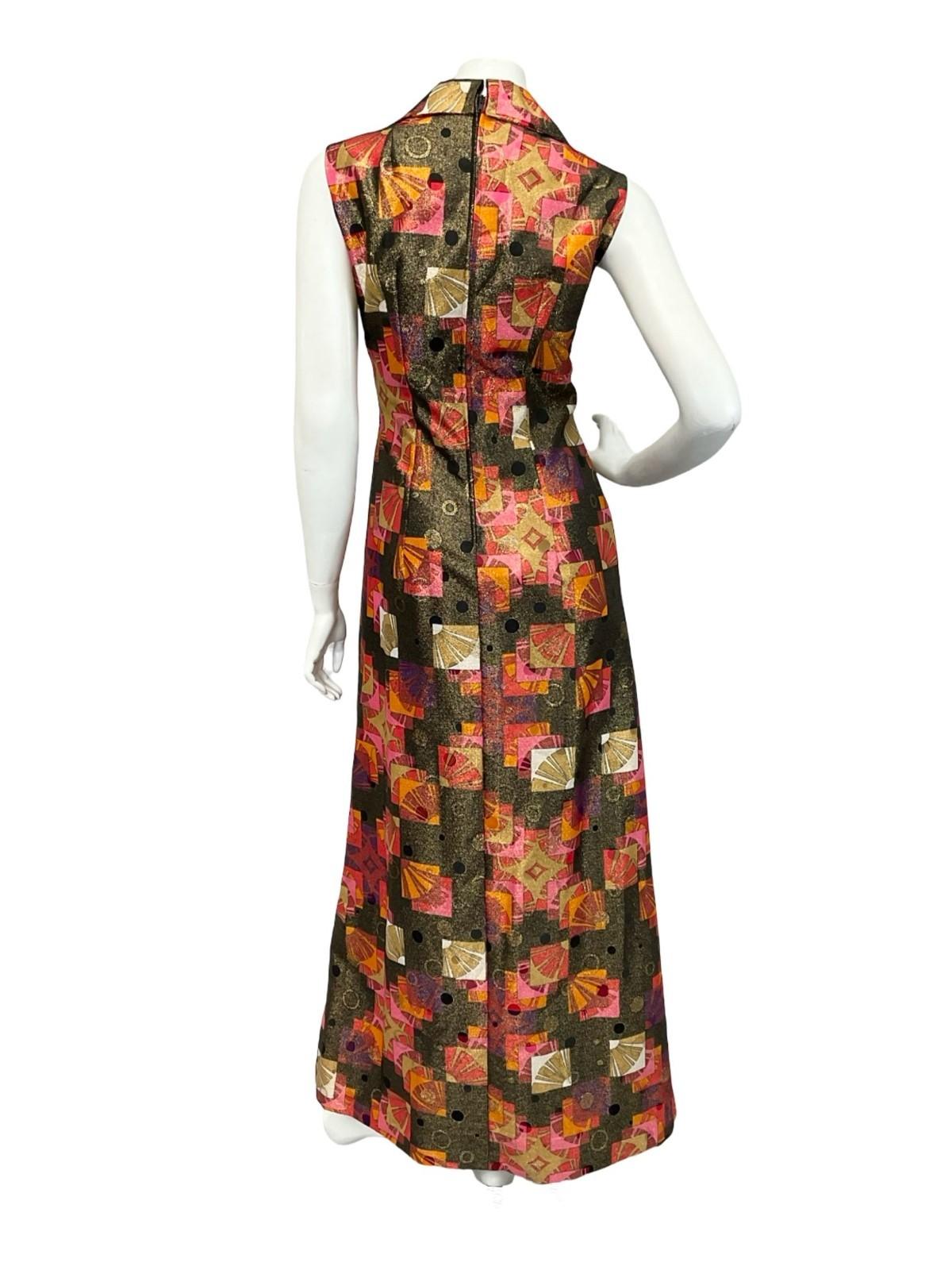 VTG 60S 70S GOLD RED ORANGE GEOMETRIC LUREX DAGGER COLLAR DISCO MAXI DRESS 10
