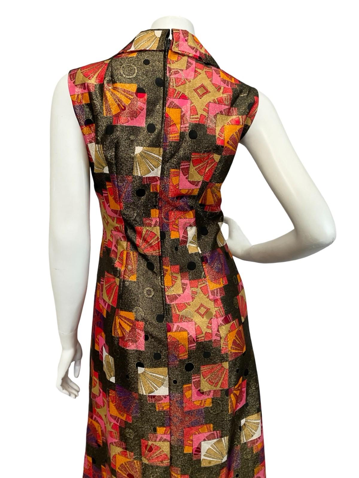 VTG 60S 70S GOLD RED ORANGE GEOMETRIC LUREX DAGGER COLLAR DISCO MAXI DRESS 10