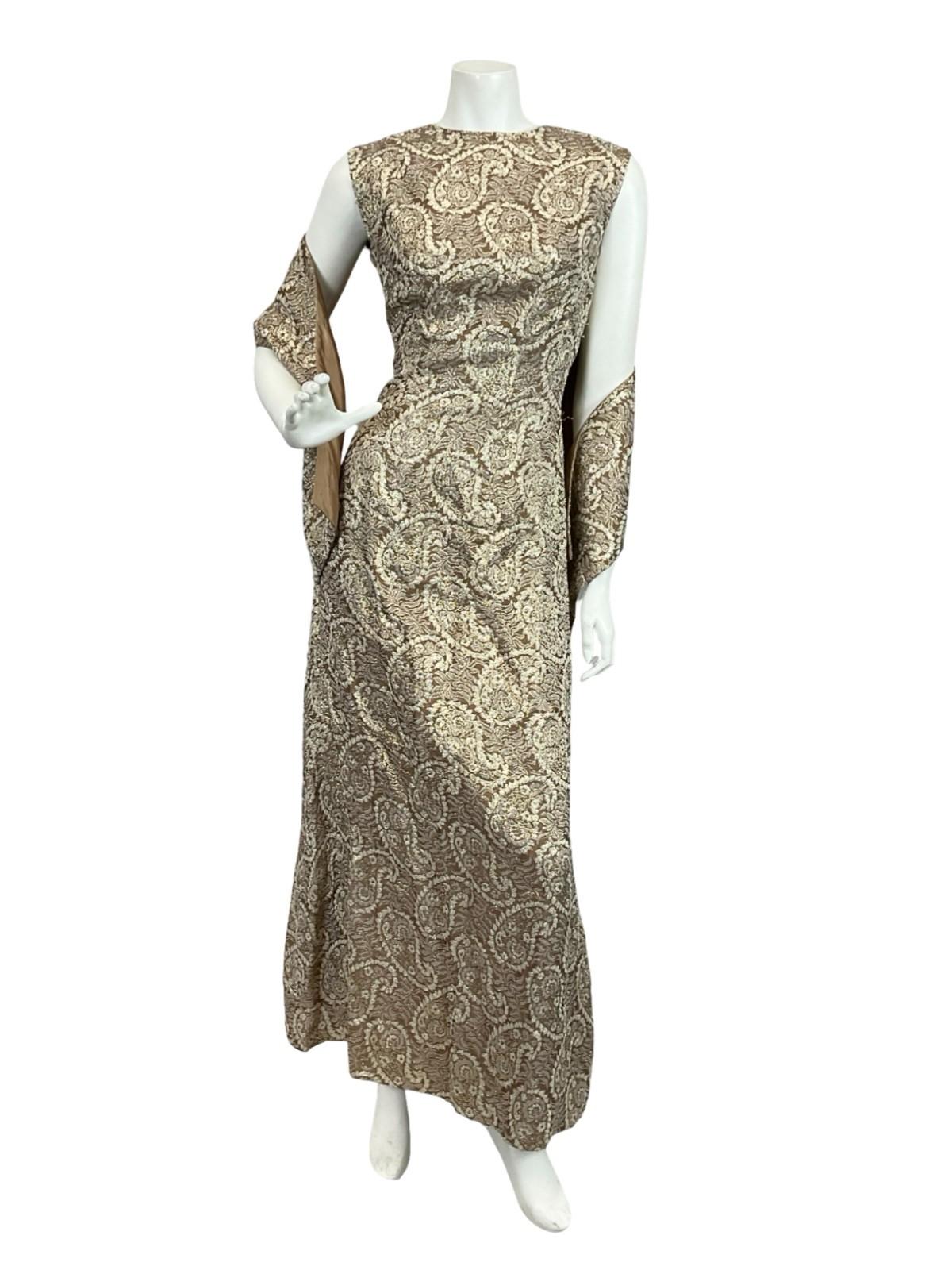 VTG 60S 70S BROWN CREAM GOLD LUREX GLITTERY PAISLEY MAXI DRESS + SASH 8 10 S