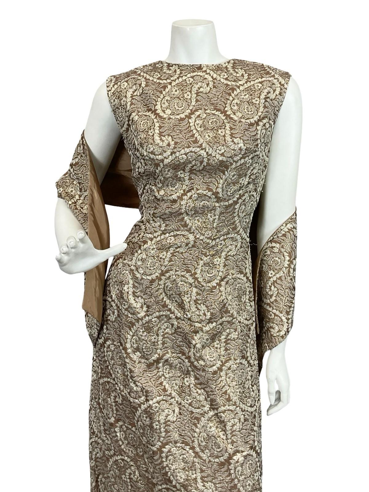 VTG 60S 70S BROWN CREAM GOLD LUREX GLITTERY PAISLEY MAXI DRESS + SASH 8 10 S