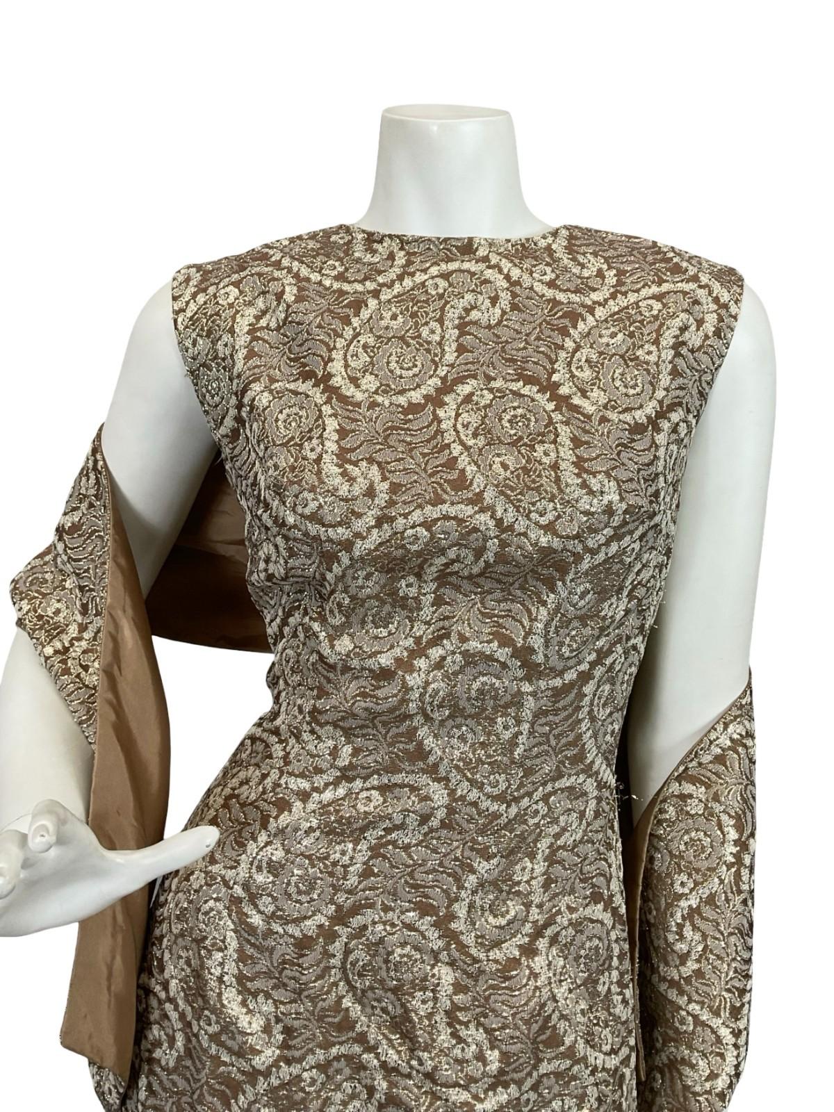 VTG 60S 70S BROWN CREAM GOLD LUREX GLITTERY PAISLEY MAXI DRESS + SASH 8 10 S