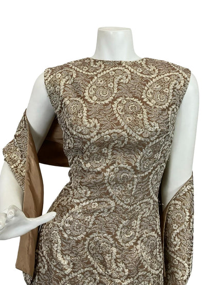 VTG 60S 70S BROWN CREAM GOLD LUREX GLITTERY PAISLEY MAXI DRESS + SASH 8 10 S