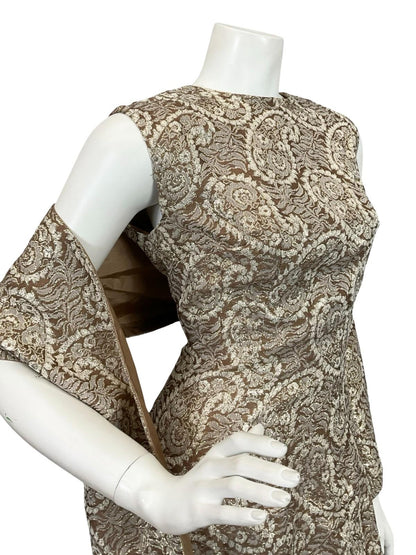 VTG 60S 70S BROWN CREAM GOLD LUREX GLITTERY PAISLEY MAXI DRESS + SASH 8 10 S