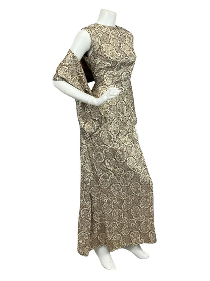 VTG 60S 70S BROWN CREAM GOLD LUREX GLITTERY PAISLEY MAXI DRESS + SASH 8 10 S