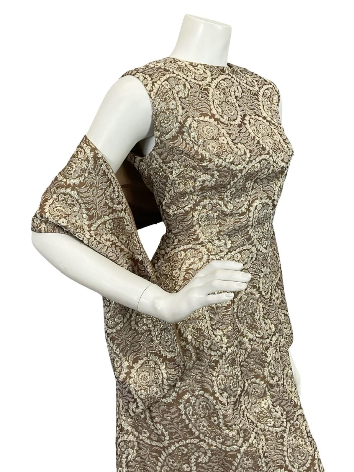 VTG 60S 70S BROWN CREAM GOLD LUREX GLITTERY PAISLEY MAXI DRESS + SASH 8 10 S