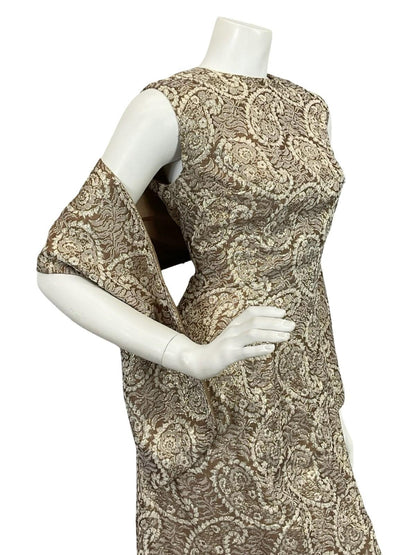 VTG 60S 70S BROWN CREAM GOLD LUREX GLITTERY PAISLEY MAXI DRESS + SASH 8 10 S