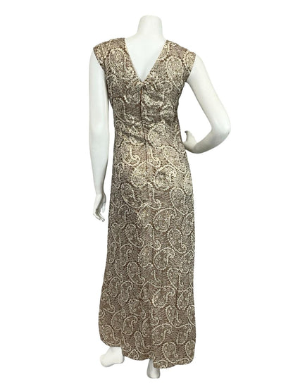 VTG 60S 70S BROWN CREAM GOLD LUREX GLITTERY PAISLEY MAXI DRESS + SASH 8 10 S