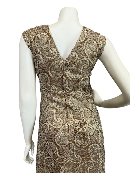 VTG 60S 70S BROWN CREAM GOLD LUREX GLITTERY PAISLEY MAXI DRESS + SASH 8 10 S