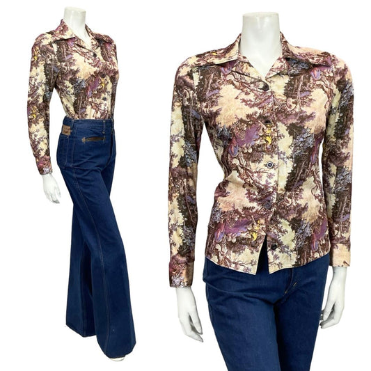 VTG 60S 70S PURPLE BEIGE MOD CLASSICAL ART PRINTED DAGGER COLLAR SHIRT 8 10 S