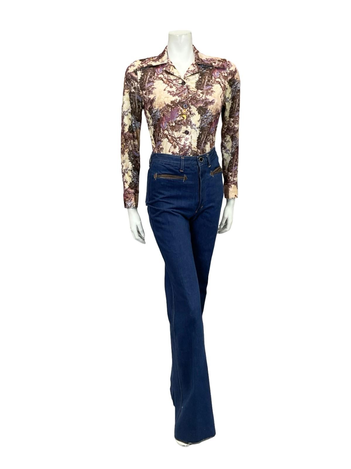 VTG 60S 70S PURPLE BEIGE MOD CLASSICAL ART PRINTED DAGGER COLLAR SHIRT 8 10 S