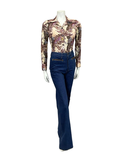 VTG 60S 70S PURPLE BEIGE MOD CLASSICAL ART PRINTED DAGGER COLLAR SHIRT 8 10 S